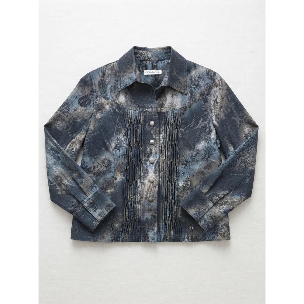 Coldwater Creek Blue Floral Acid Wash Smocked Beaded Denim Jacket Petite 12 P12